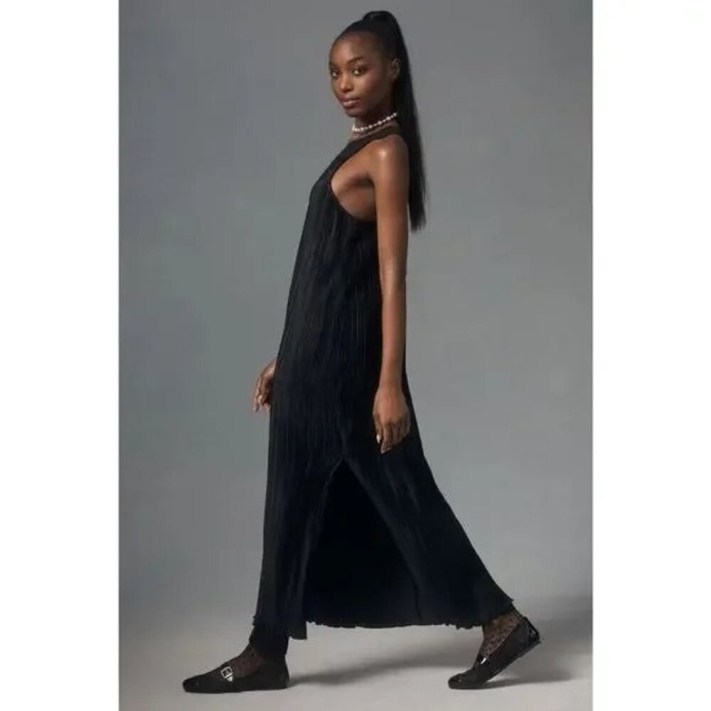 Anthropologie Halter Plissé Maxi Crinkle Dress Black XS Petite NEW - Picture 2 of 8